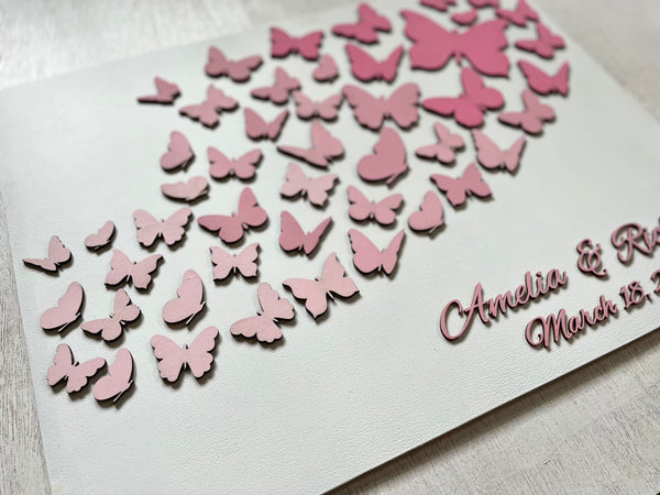 Butterfly-themed wedding guest book with pink butterflies and personalized text on a white background.