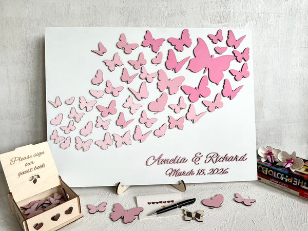 Magnetic Wedding Guest Book with Butterflies Pink Blush Wedding Decor Interactive Puzzle, people sign butterflies