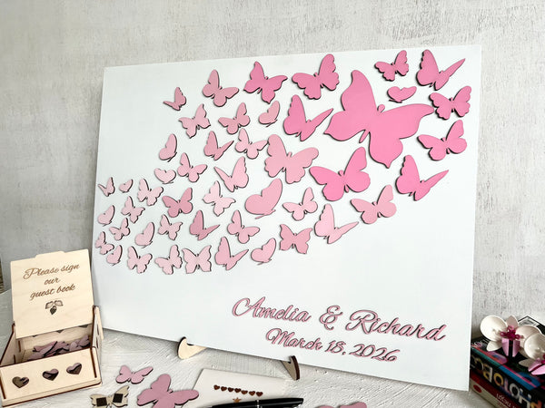 Magnetic Wedding Guest Book with Magnetic Butterflies Pink Blush Wedding Decor Interactive Puzzle, people sign butterflies