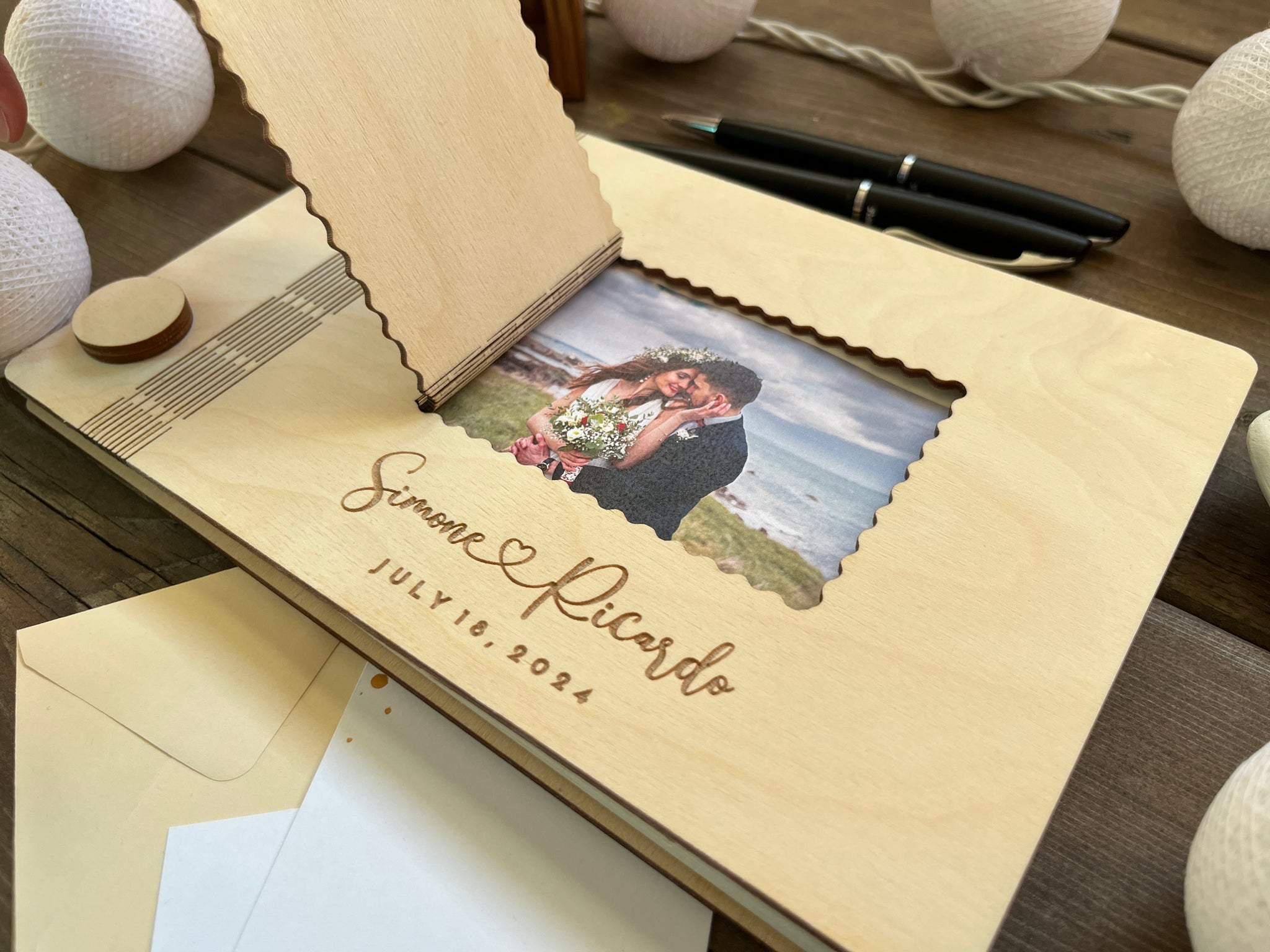 adventure book or guest book with cute window to reveal couple's picture with custom engraved details