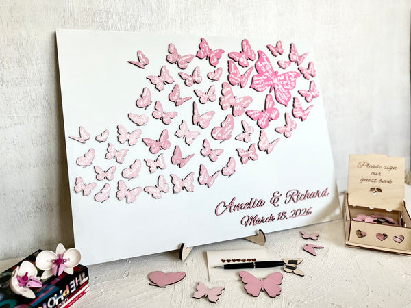 Magnetic Wedding Guest Book with Butterflies Pink Blush Wedding Decor Interactive Puzzle