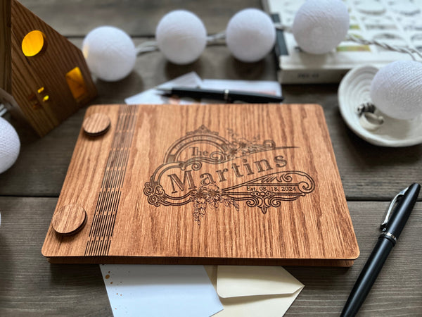 wood wedding guestbook sign in with custom design personalized with last name and established date