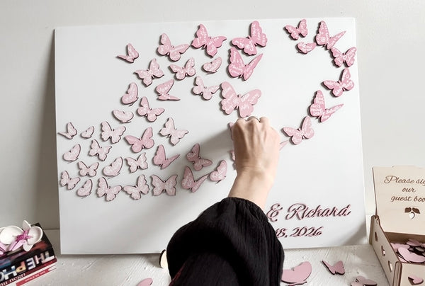 Magnetic Wedding Guest Book with Magnetic Butterflies Pink Blush Wedding Decor Interactive Puzzle, people sign butterflies