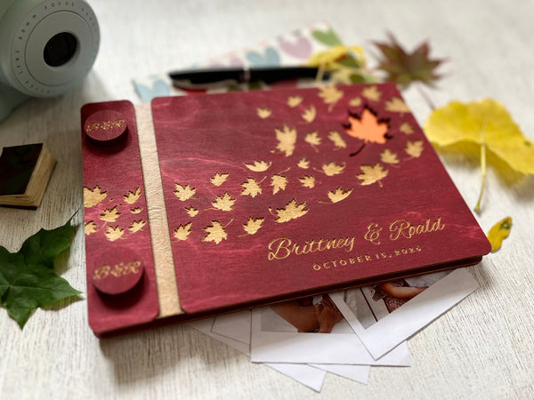 Burgundy stain wood album with maple leaf design and  engraved text for wedding, anniversary, bachelorette or shower