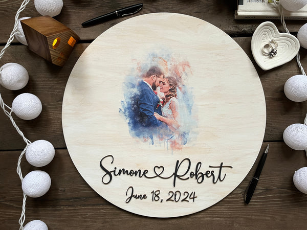 watercolor portrait guest book for wedding personalized with 3D names on a  round wood backrgound
