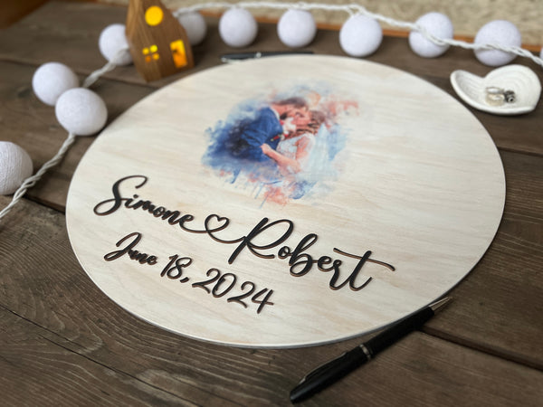 round wood sign with watercolor portrait of bride and groom and 3D personalized lettering