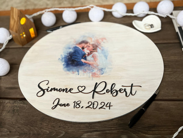3D lettering with names and wedding date for the bride and groom below the watercolor portrait of the couple
