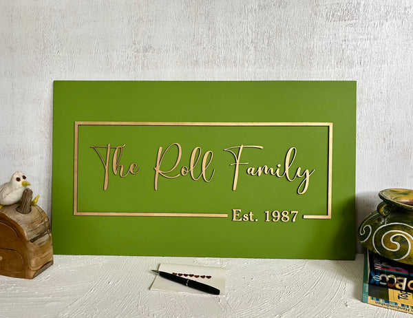 Rectangular wood sign personalized with a family name and established date, made on a green background with fully customizable colors