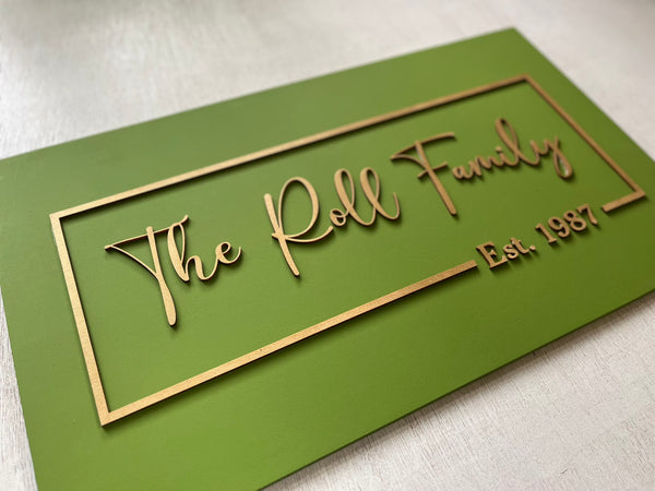 Rectangular wood sign personalized with a family name and established date, made on a green background with fully customizable colors