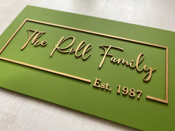 Rectangular wood sign personalized with a family name and established date, made on a green background with fully customizable colors
