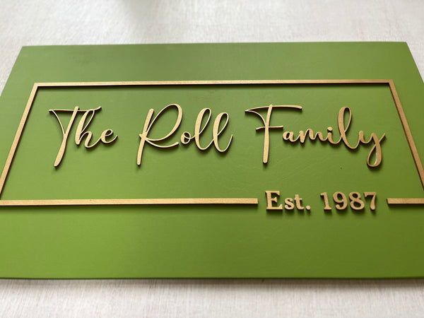 Rectangular wood sign personalized with a family name and established date, made on a green background with fully customizable colors