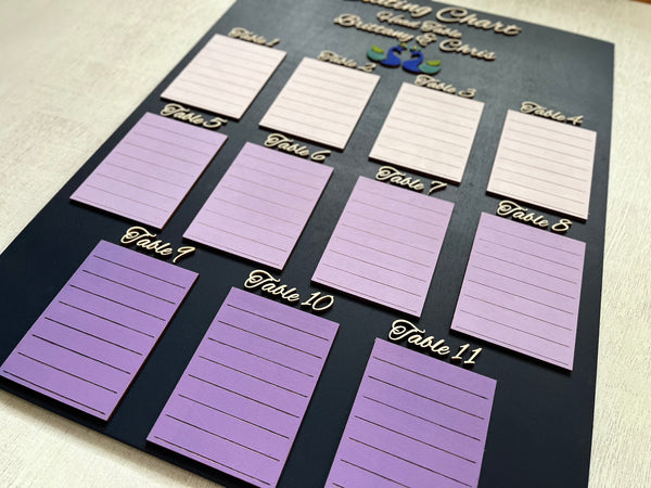 Table assignment chart with purple cards and 3D cutout lettering