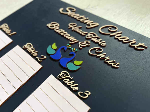 Seating chart for a wedding with decorative elements on a dark background