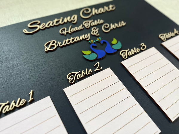 Seating chart with peacock design and personalized names on a dark background