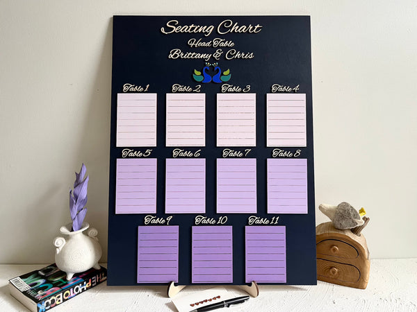 Seating chart for a wedding or event with purple placeholders on a dark navy board with personalized text and peacock design