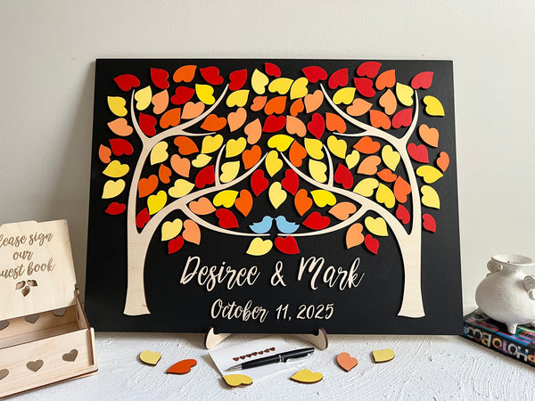 Magnetic wedding guest book alternative, 3D puzzle with two trees joining, green leaves, personalized sign tan