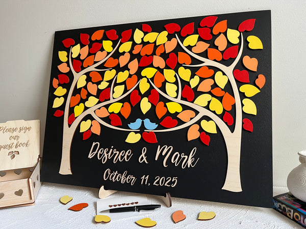 Magnetic wedding guest book alternative, 3D puzzle with two trees joining, green leaves, personalized sign tan