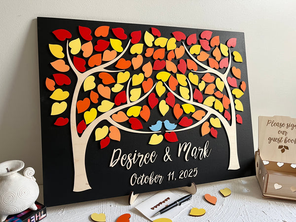 Magnetic wedding guest book alternative, 3D puzzle with two trees joining, green leaves, personalized sign tan
