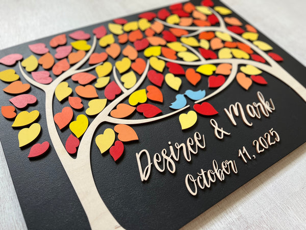 Magnetic wedding guest book alternative, 3D puzzle with two trees joining, green leaves, personalized sign tan