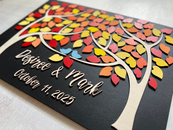 Magnetic wedding guest book alternative, 3D puzzle with two trees joining, green leaves, personalized sign tan