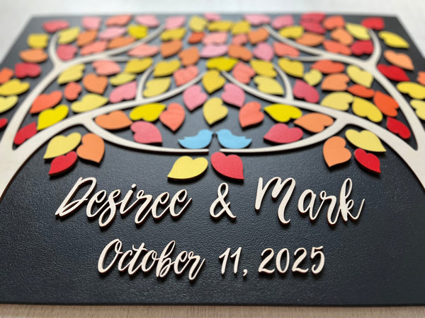 Magnetic wedding guest book alternative, 3D puzzle with two trees joining, green leaves, personalized sign tan