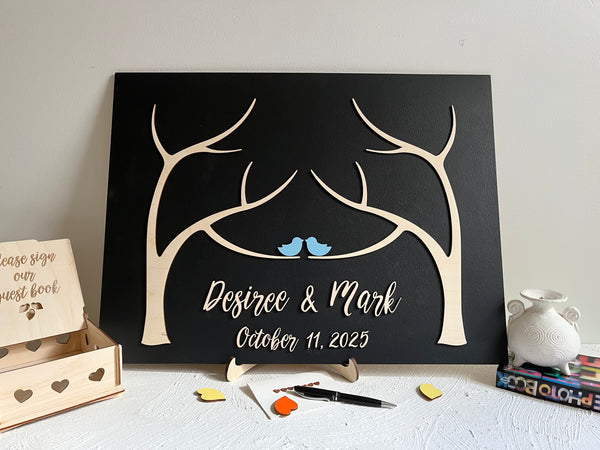 Magnetic wedding guest book alternative, 3D puzzle with two trees joining, green leaves, personalized sign tan