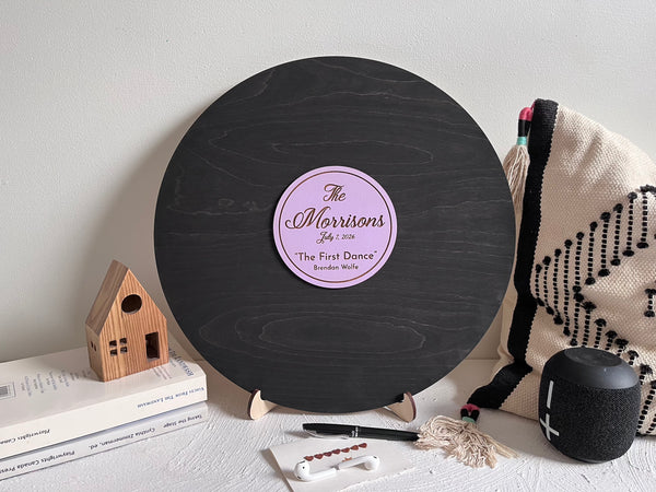 music record guest book personalized with the last name of the newlyweds, a wedding date and their favorite song and artist
