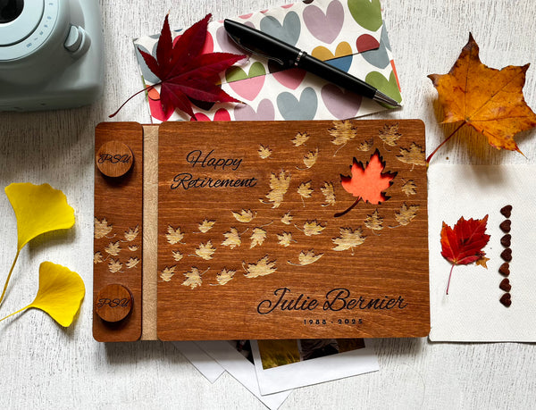 Wooden retirement  guestbook with engraved text personalized with the name of your coworker that is retiring