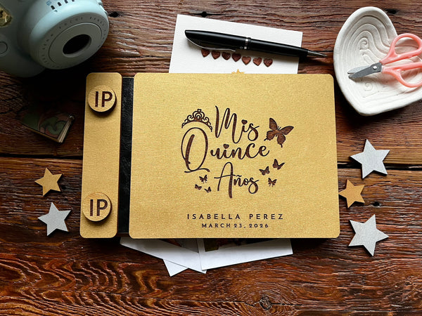 Personalized 'Mis Quince Años' guest book with golden covers