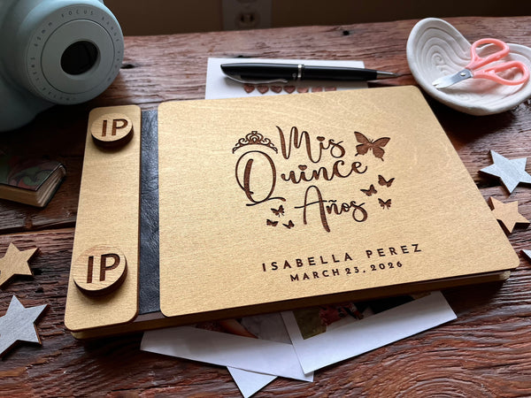 Personalized 'Mis Quince Años' guest book with golden covers