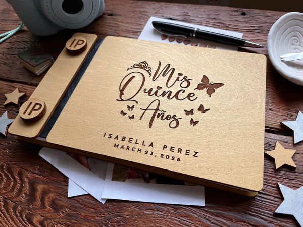 Personalized 'Mis Quince Años' guest book with golden covers