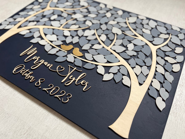 3D Personalized wedding guest book alternative with two trees that join in one with personalized names, date and colors