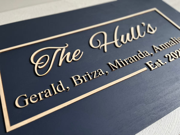 Decorative sign with personalized family name and family member first names on a dark navy background