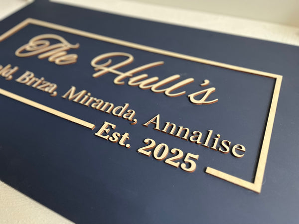 Personalized family name plaque made with last name, first names for family members and n established date