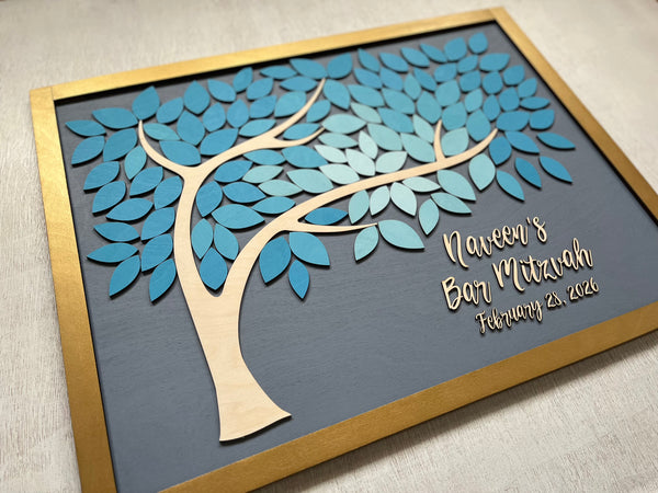 Decorative wall art with a tree design and personalized text for Bar Bat Mitzvah on a gray background- to be used for signing by guests