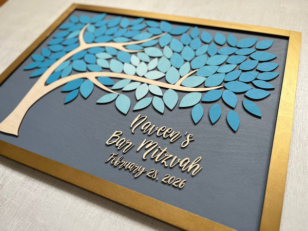 Decorative wall art with blue leaves and gold accents on a gray background