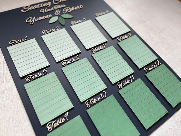 Personalized table seating chart with green placeholders on a dark navy background