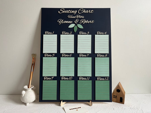 Seating chart personalized with the name of bride and groom with table assignments on a stand against a white wall.