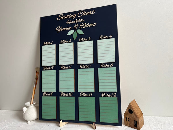 Seating chart for a wedding with tables and names on a stand against a white background