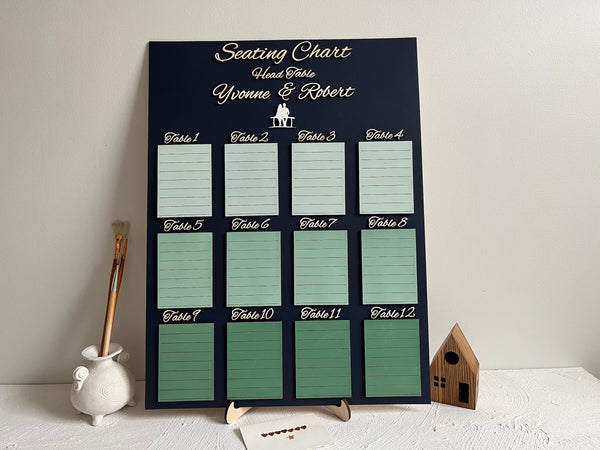 Seating chart for a wedding or event on a stand with a white background