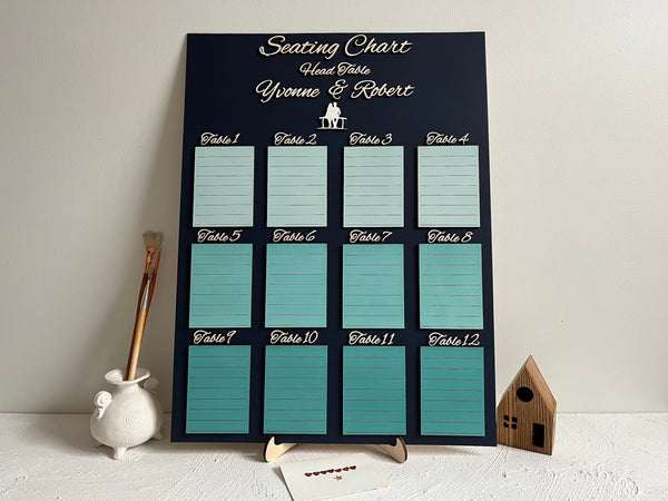 Personalized Seating chart for a wedding with tables and names on a dark navy board