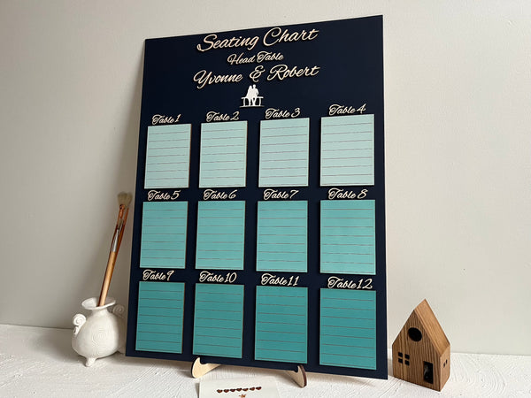 Personalized Seating chart for a wedding with tables and names on a dark navy board