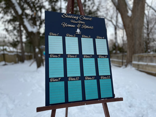 Personalized Seating chart for a wedding with tables and names on a dark navy board
