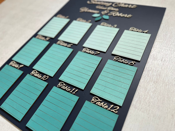 Table seating chart with teal wooden tiles on a dark background