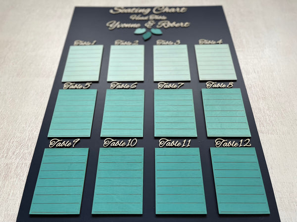 Seating chart template with teal sections for tables on a dark background