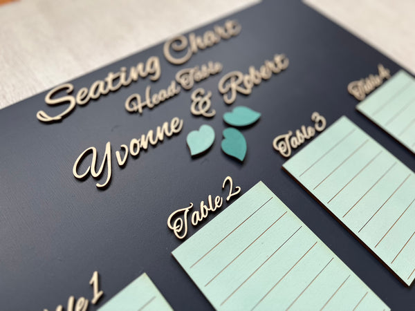 Seating chart for a wedding with tables and names on a dark navy board against a white wall. Made with personalized names for the bride and groom and decorative elements: leaves