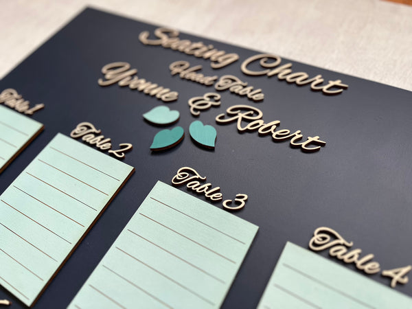 Seating chart for a wedding with names and table assignments on a dark background.