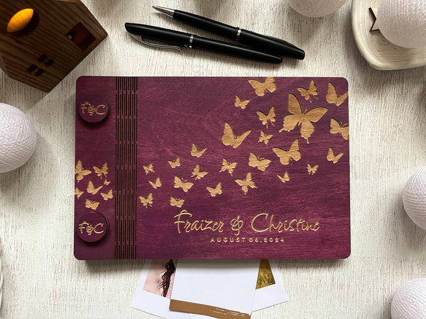 violet guest book album personalized with your names and butterflies