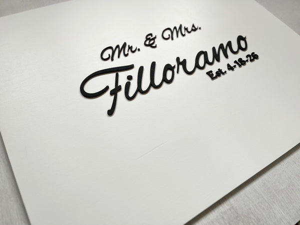 Decorative nameplate with 'Mr. & Mrs. (last name)' on a white background
