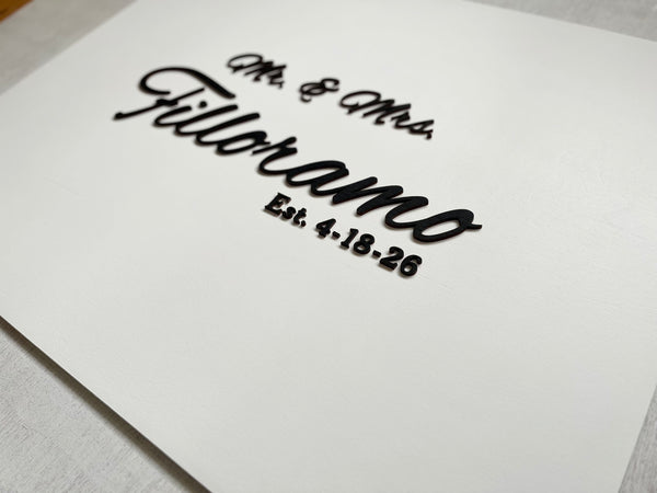 Personalized wedding gift with 'Mr. & Mrs. last name' and 'Est. date' on a white background and black lettering